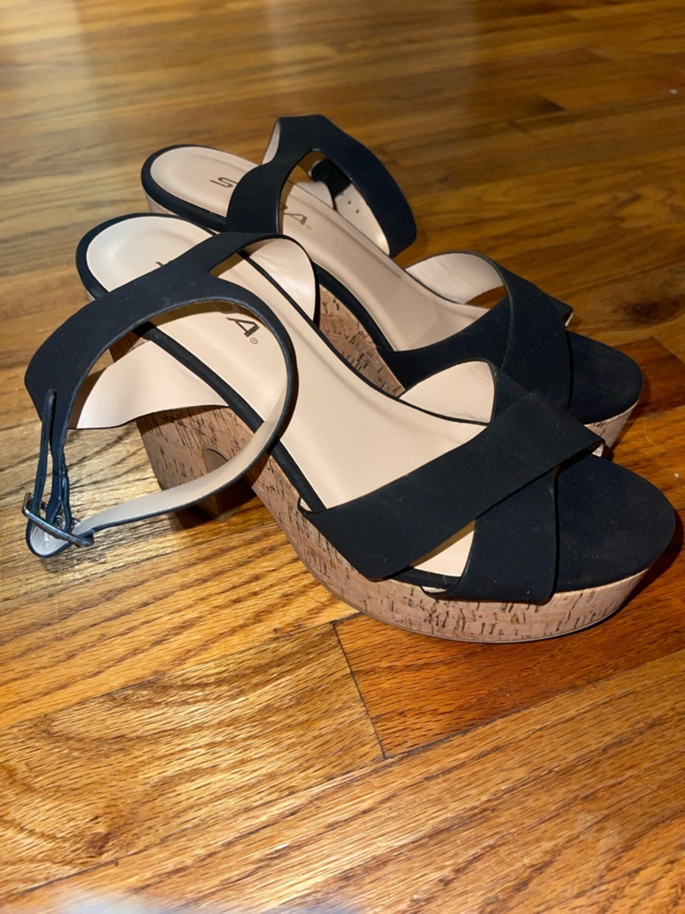 Soda Black Suede Cork Heel Sandals